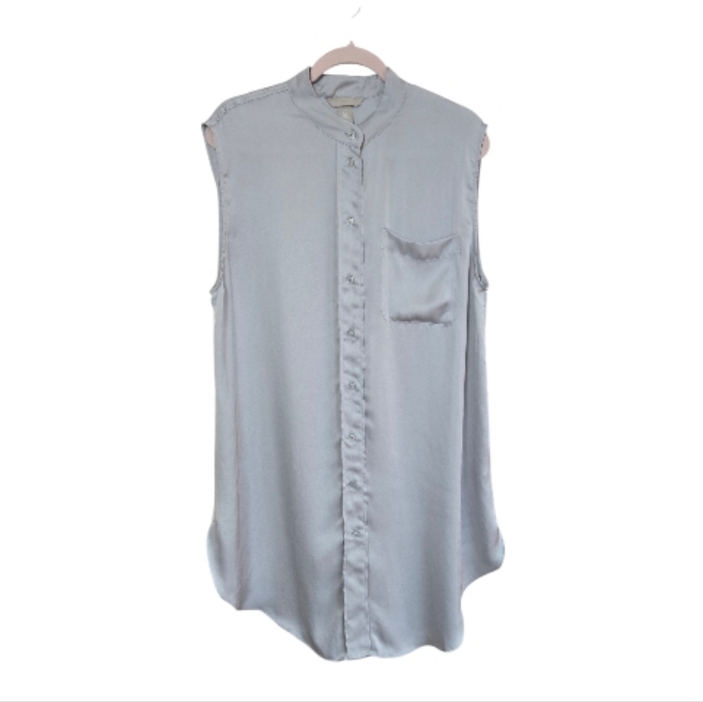 H&M Sleeveless Satin Shirt Dress / Tunic Top Sz Large Light Gray